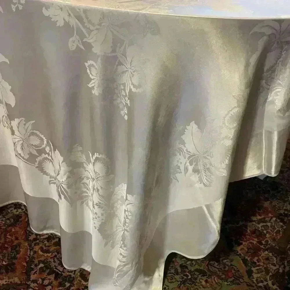 Vintage Ivory Damask Rectangular Tablecloth | Floral Jacquard Elegant Wedding